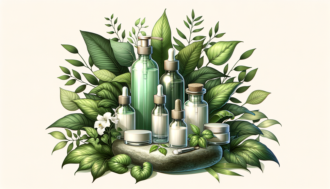 eco-friendly skincare bottles on stone with green leaves and soft natural light