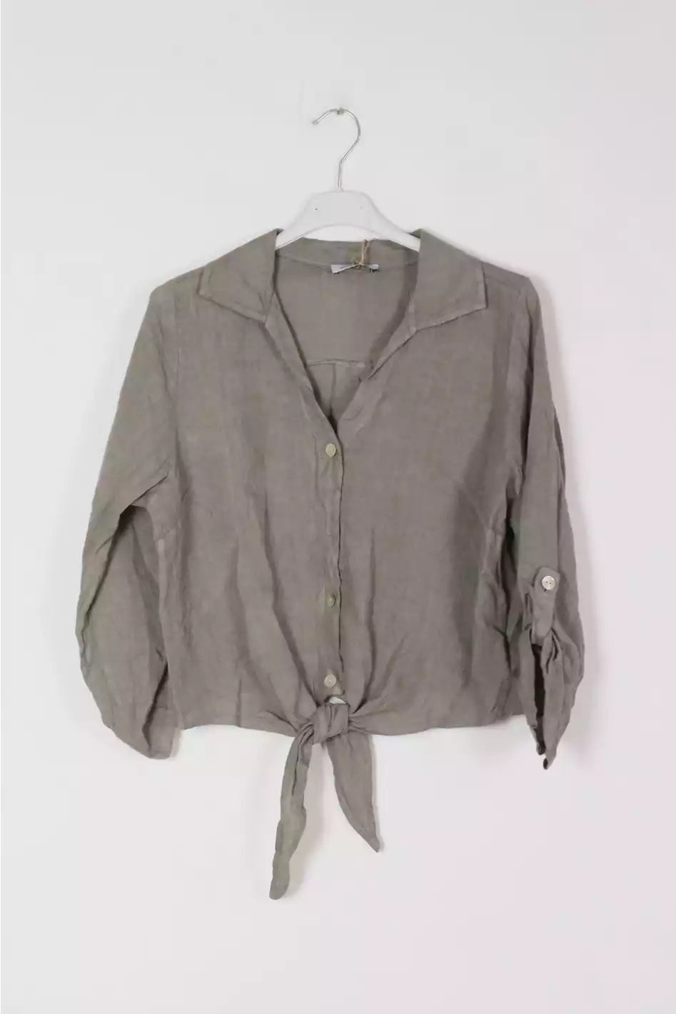 Linen Button Up Crop with taupe