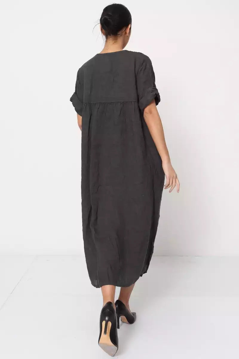 Linen Vneck Dress with folds