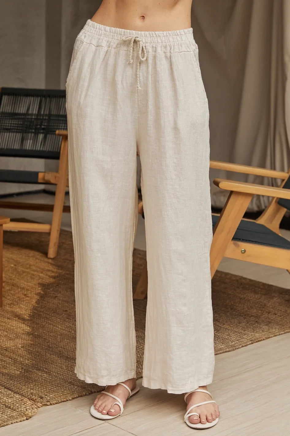 Beige Linen Drawstring Pants With Pockets Front