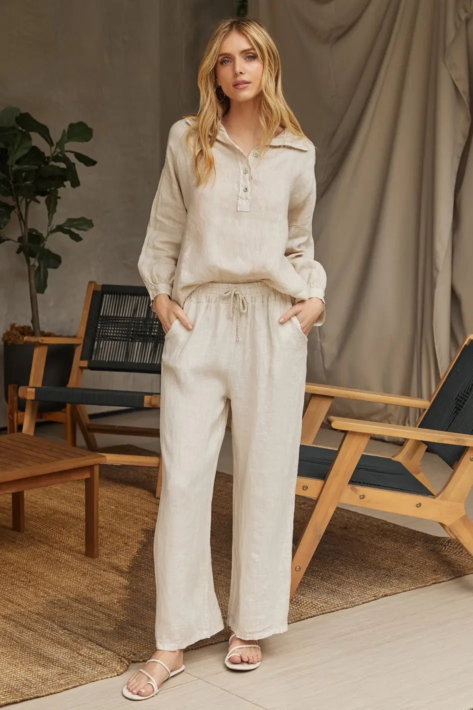 Beige Linen Drawstring Pants With Pockets Full Body