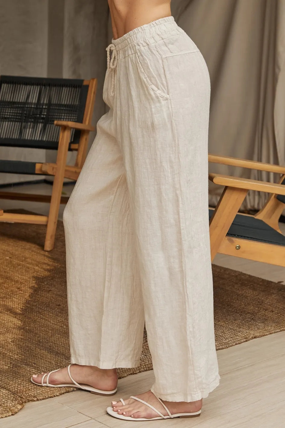 Beige Linen Drawstring Pants With Pockets Side