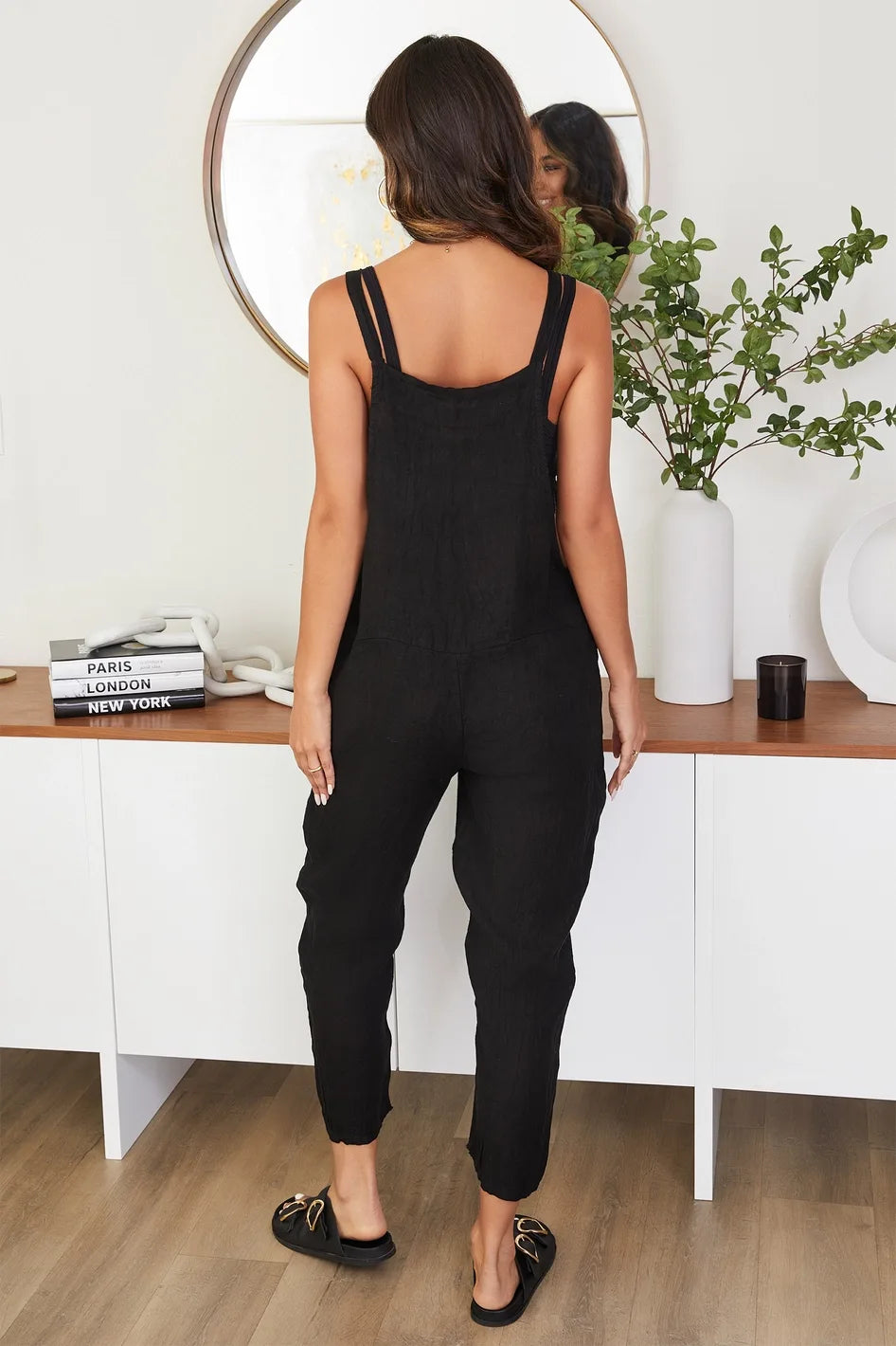 Black Linen Overalls With Pockets Back